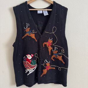 Vintage Bobbie Brooks Christmas Sweater Vest XL Santa Reindeer Beaded Appliqué